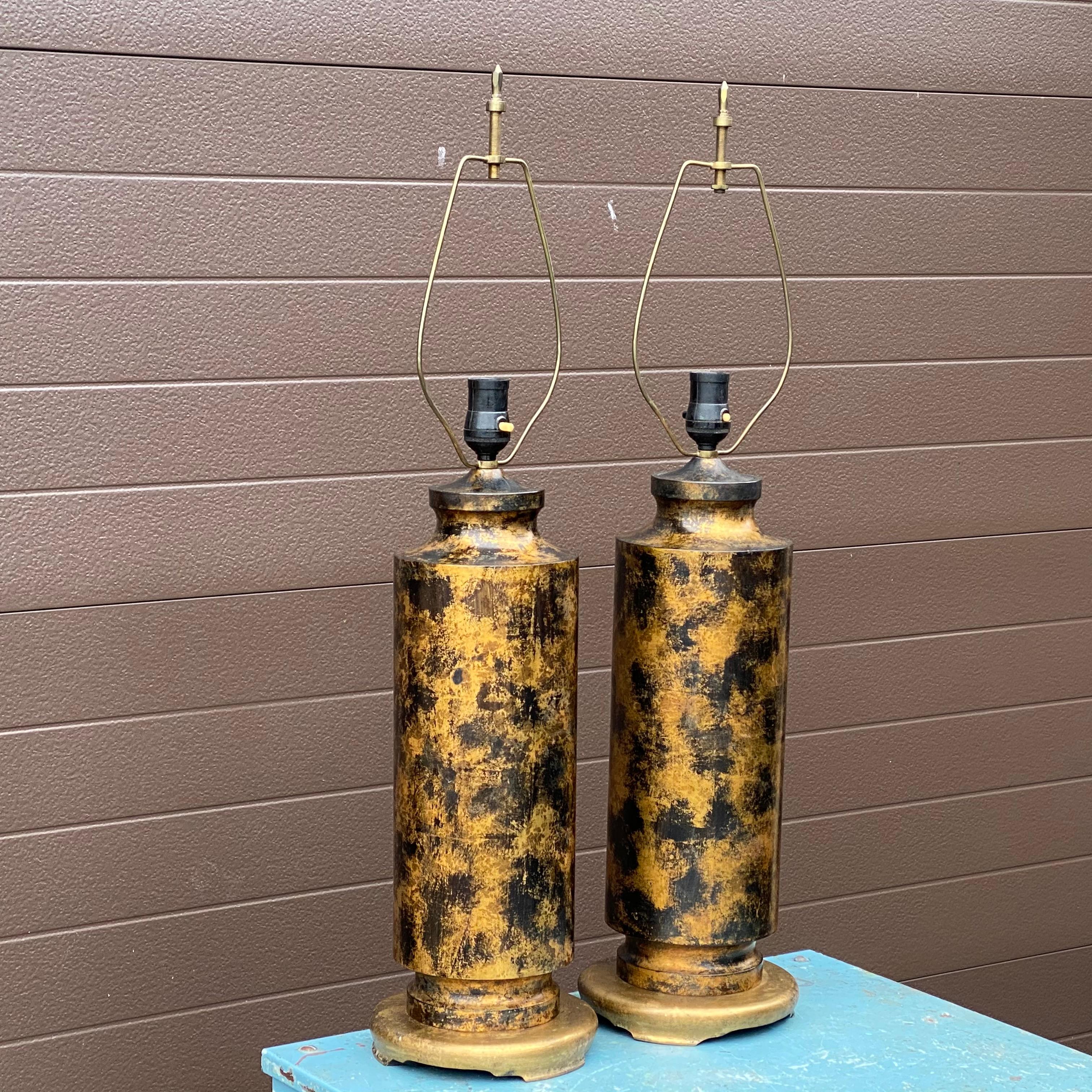 American Mid-Century Modern Cylindrical Patinated Bronze Table Lamps For Sale