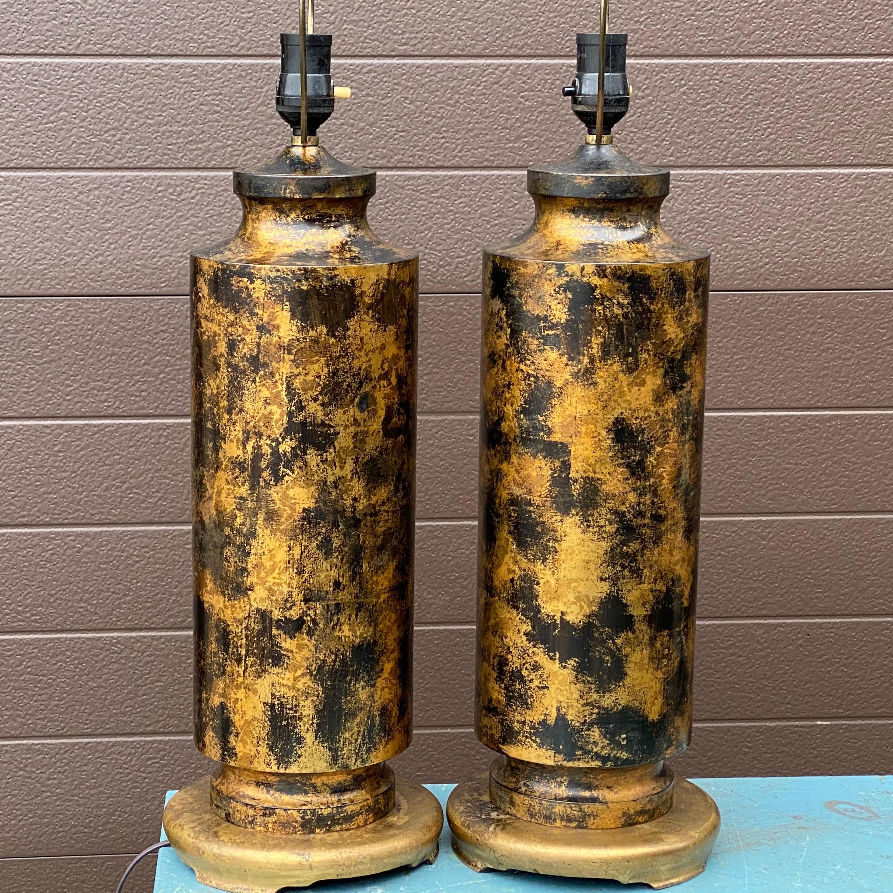 Metal Mid-Century Modern Cylindrical Patinated Bronze Table Lamps For Sale