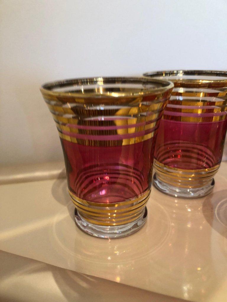 Czech S/4 Cranberry Pink / Red Flashed Gold Gilt Goblets & 6 Small Shot Glasses 5