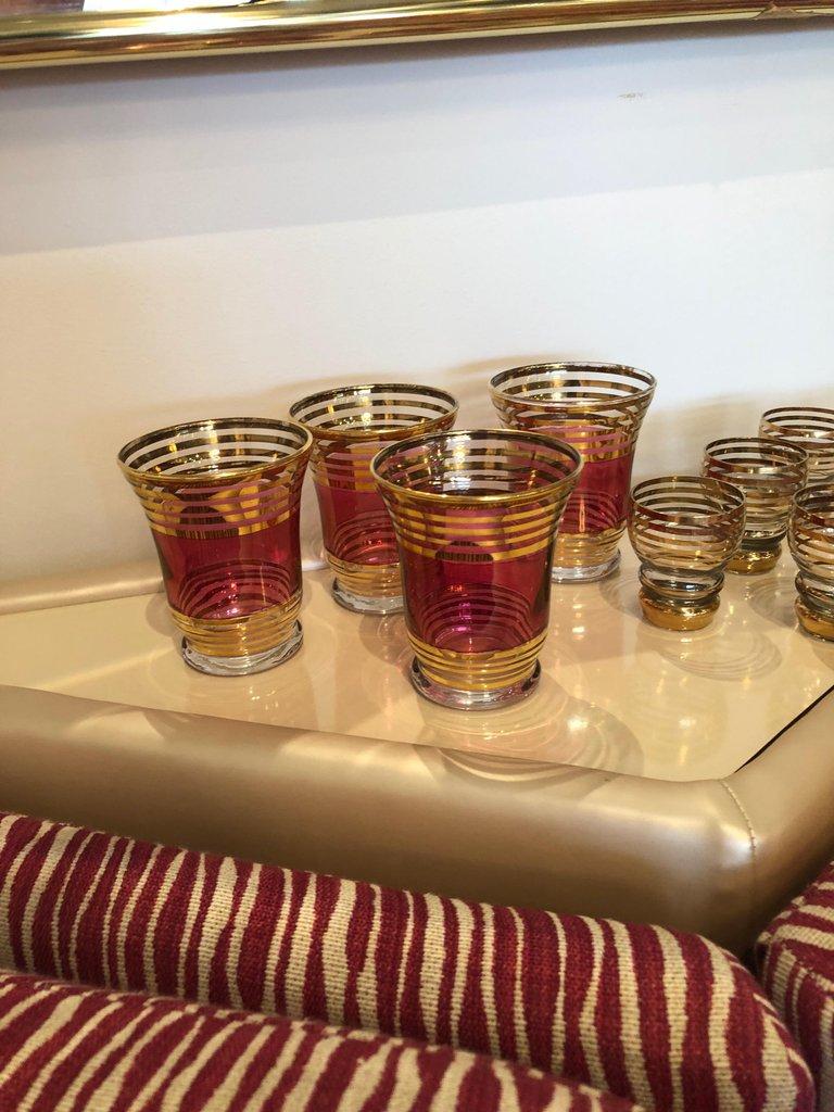 Czech S/4 Cranberry Pink / Red Flashed Gold Gilt Goblets & 6 Small Shot Glasses 6