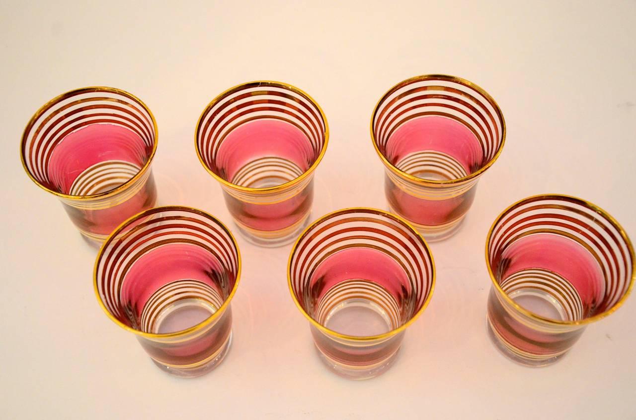 Czech S/4 Cranberry Pink / Red Flashed Gold Gilt Goblets & 6 Small Shot Glasses 9