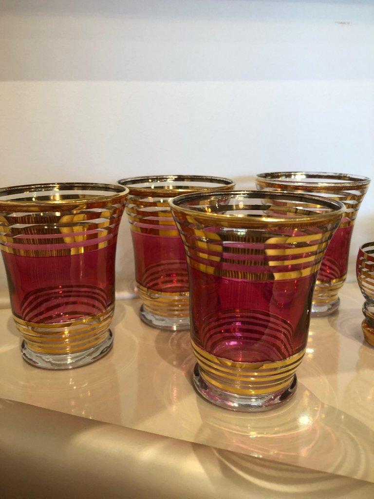 Mid-Century Modern Czech S/4 Cranberry Pink / Red Flashed Gold Gilt Goblets & 6 Small Shot Glasses