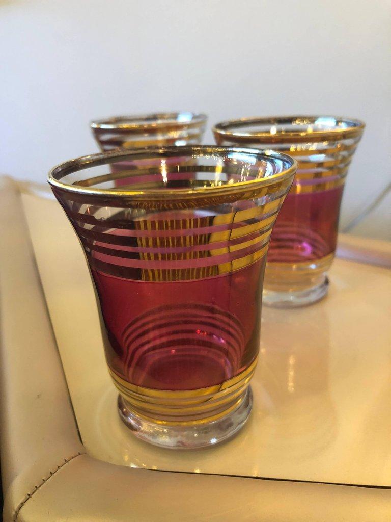 Czech S/4 Cranberry Pink / Red Flashed Gold Gilt Goblets & 6 Small Shot Glasses In Good Condition In Houston, TX