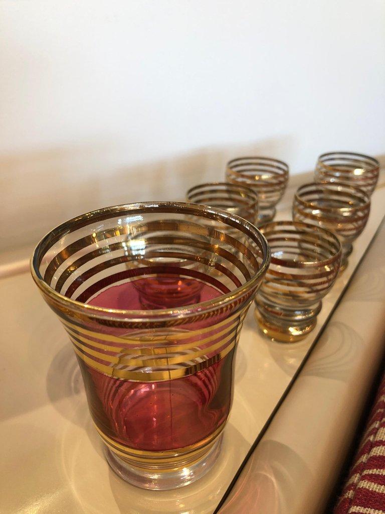 20th Century Czech S/4 Cranberry Pink / Red Flashed Gold Gilt Goblets & 6 Small Shot Glasses