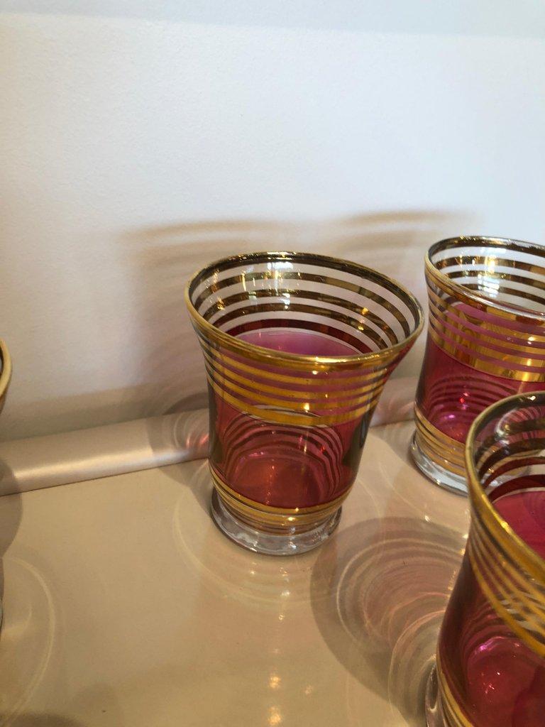 Czech S/4 Cranberry Pink / Red Flashed Gold Gilt Goblets & 6 Small Shot Glasses 3