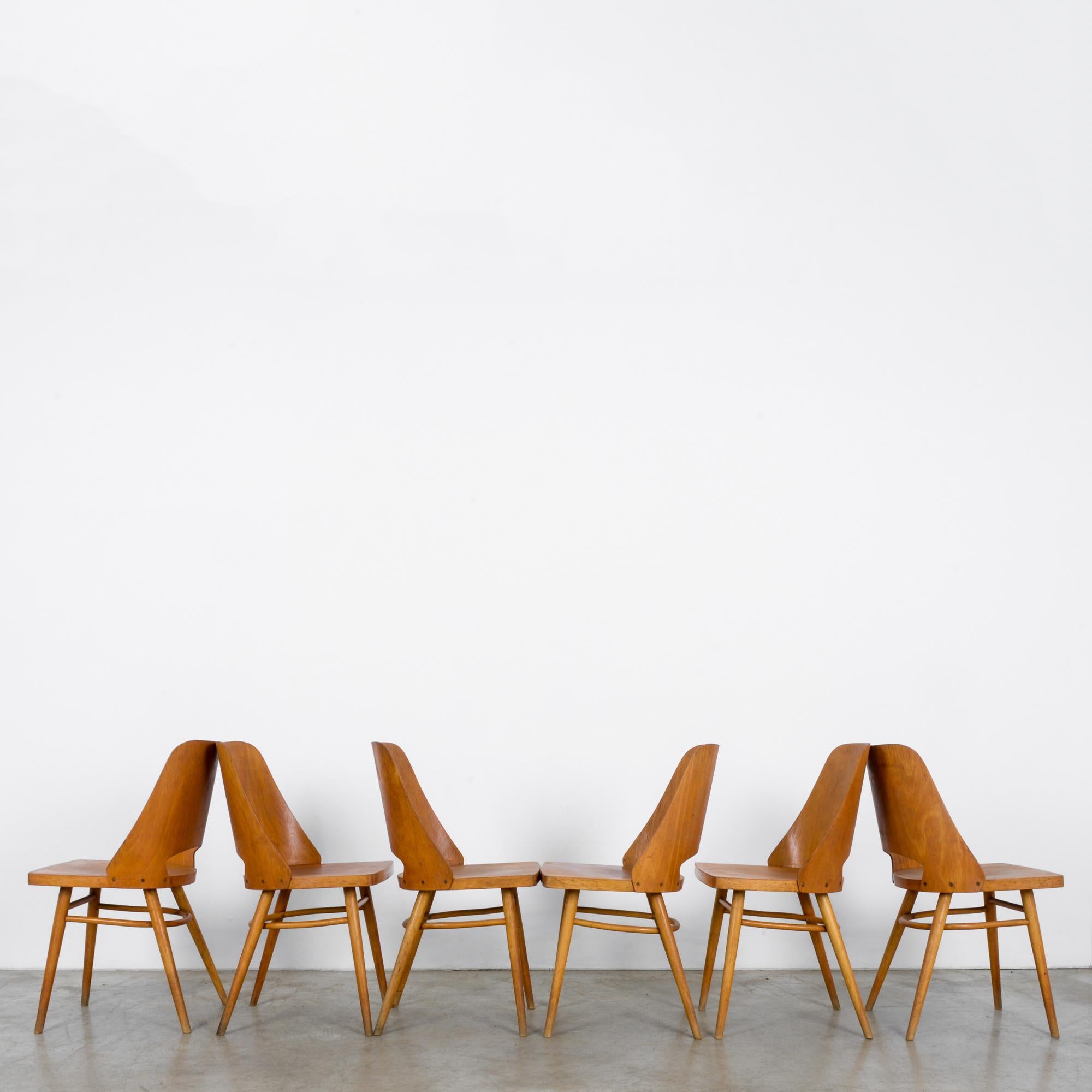 Hardwood Mid-Century Modern Czech Dining Chairs, Set of Six