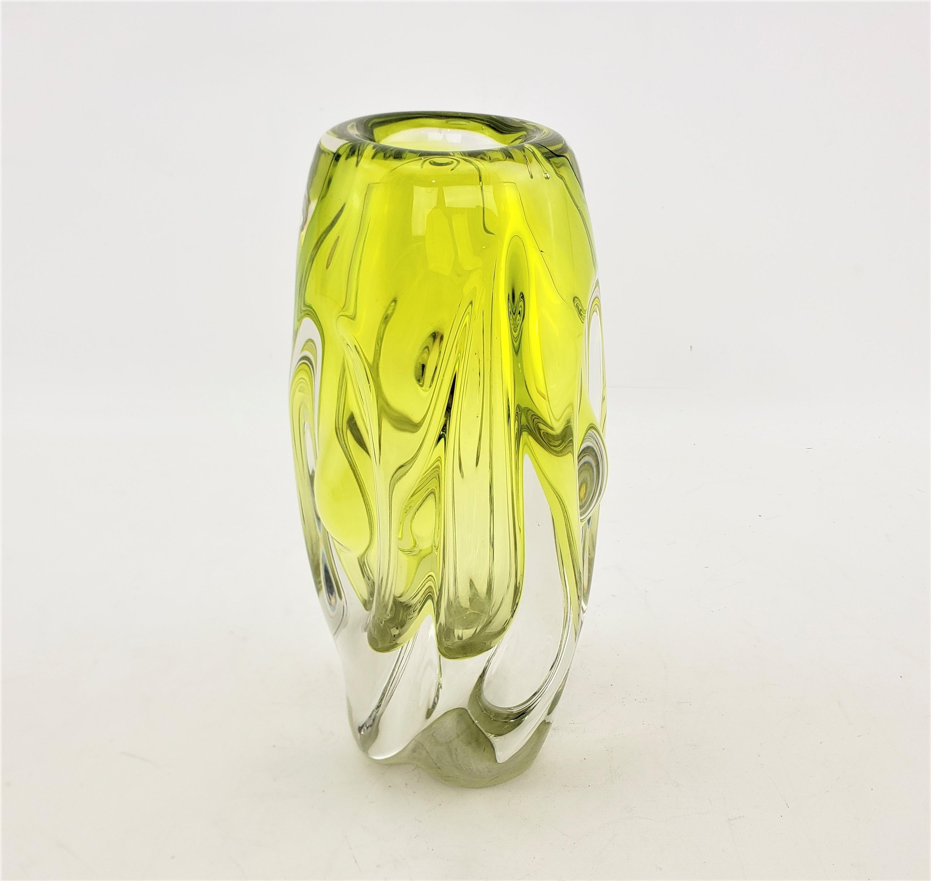 Hand-Crafted Mid-Century Modern Czech Republic Uranium Art Glass 'Propeller' Styled Vase For Sale