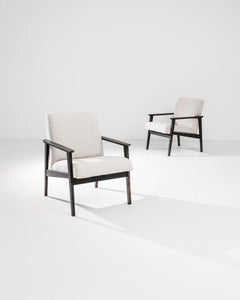 A Pair 1960s Mid-Century Modern Armchairs, Czech Wood & Cream Upholstery Pair