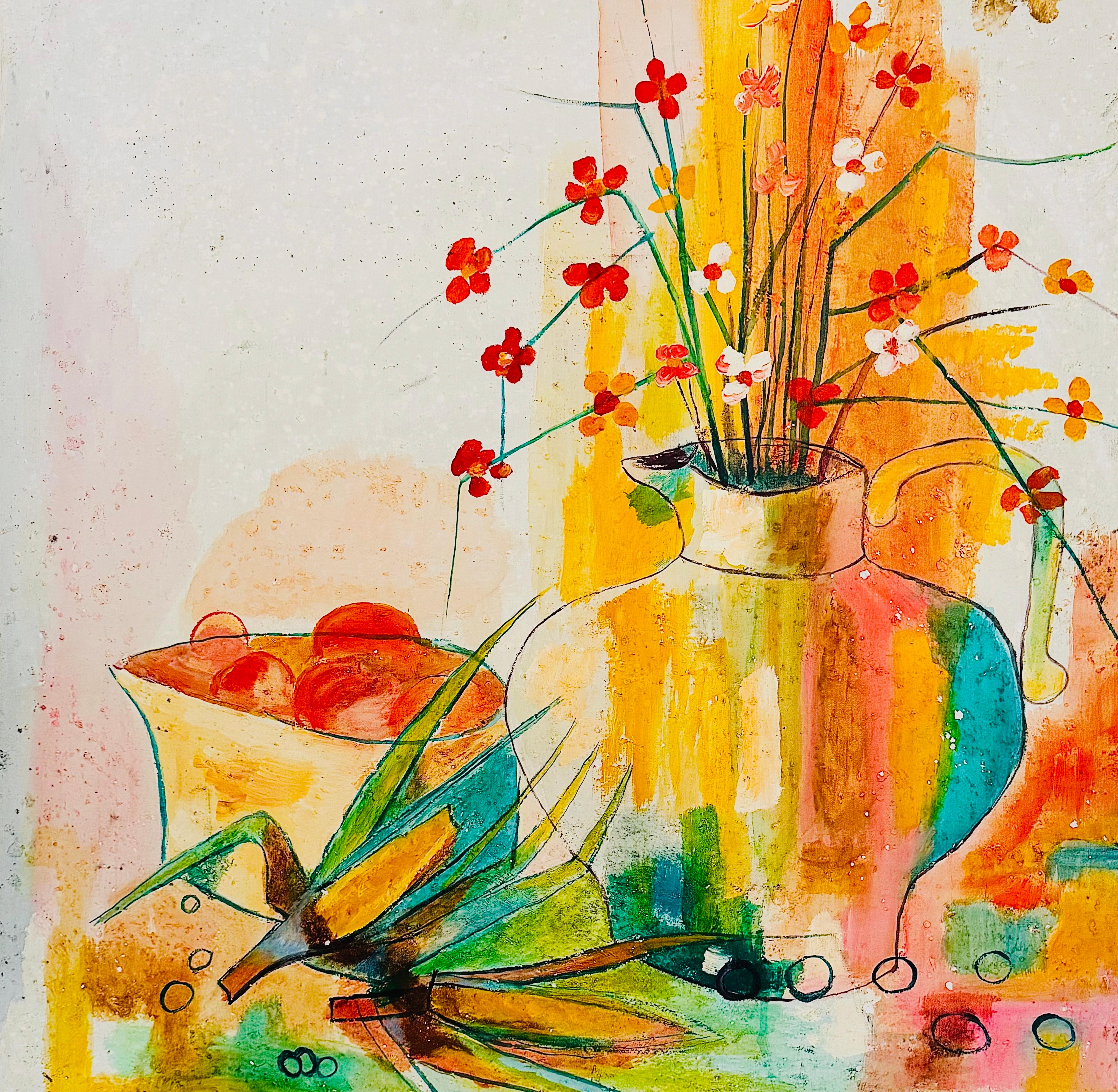 Sensational, bold, vibrant mid century modern, mixed media, stylized floral and fruit impressionist still life by artist D. Ketchum. 

The painting is a smorgasbord of painting techniques using varied application tools. 

There are broad wide