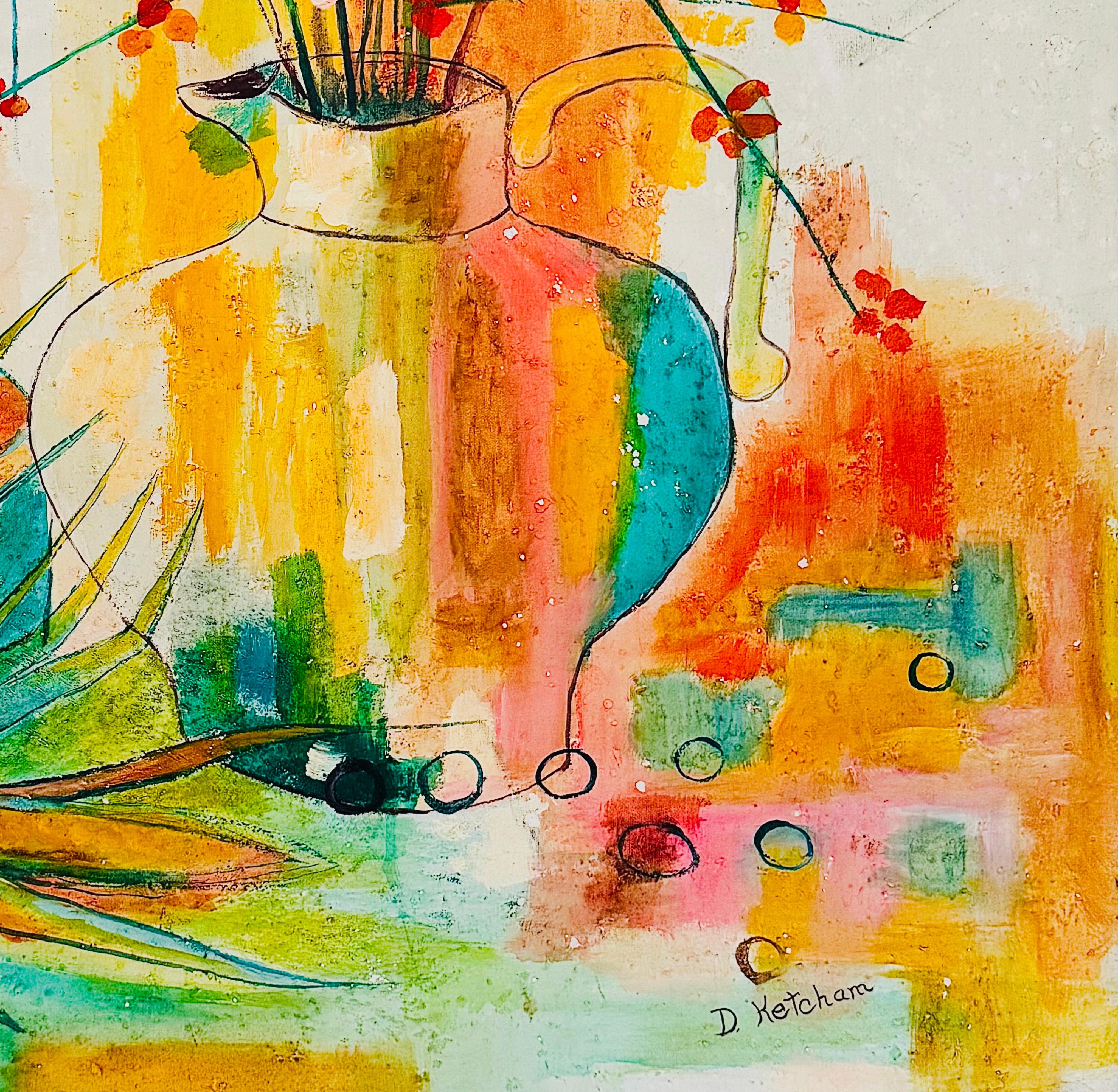 American Mid Century Modern D. Ketcham Mixed Media Abstract Impressionist Floral Painting For Sale