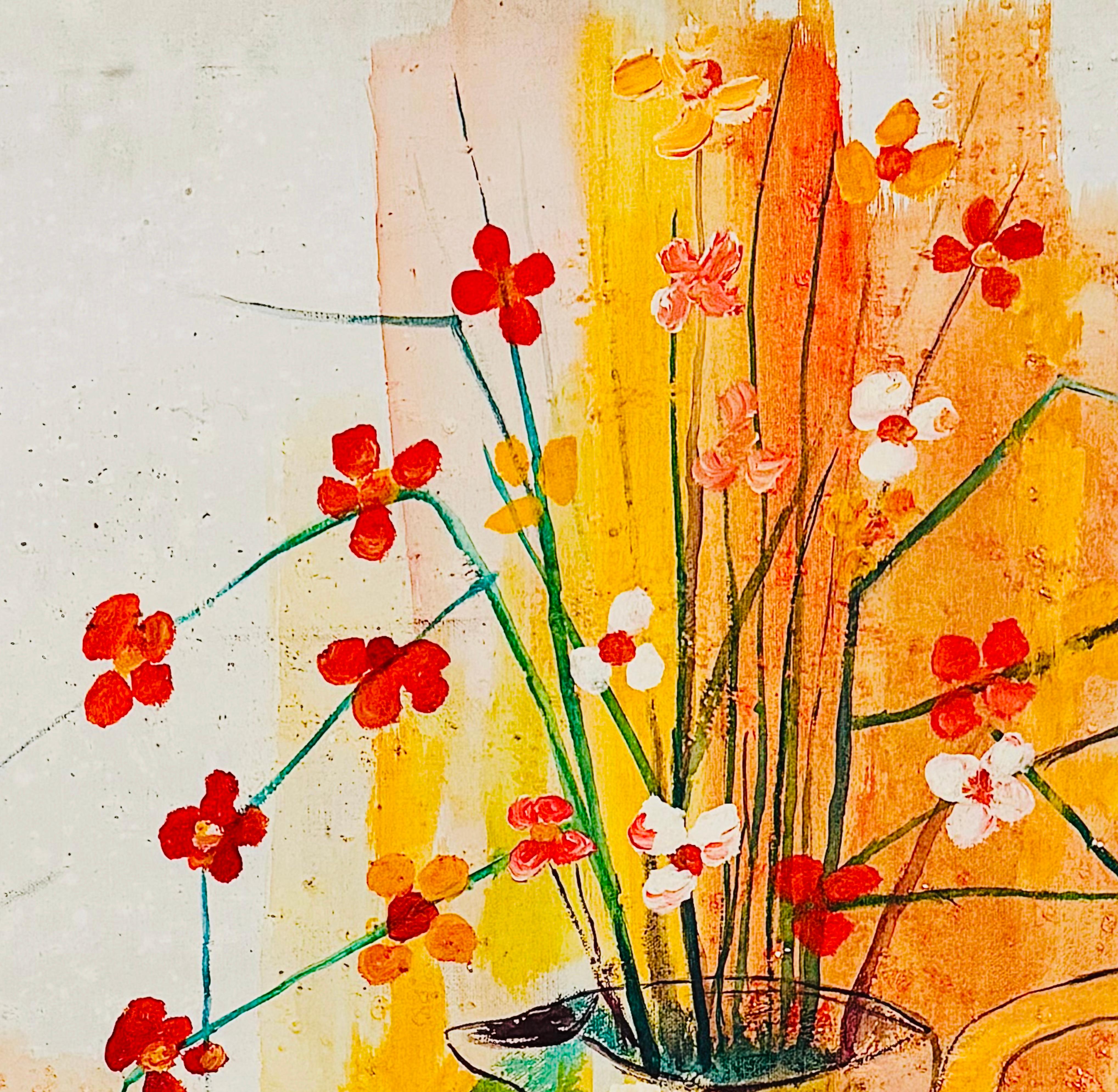 Metal Mid Century Modern D. Ketcham Mixed Media Abstract Impressionist Floral Painting For Sale