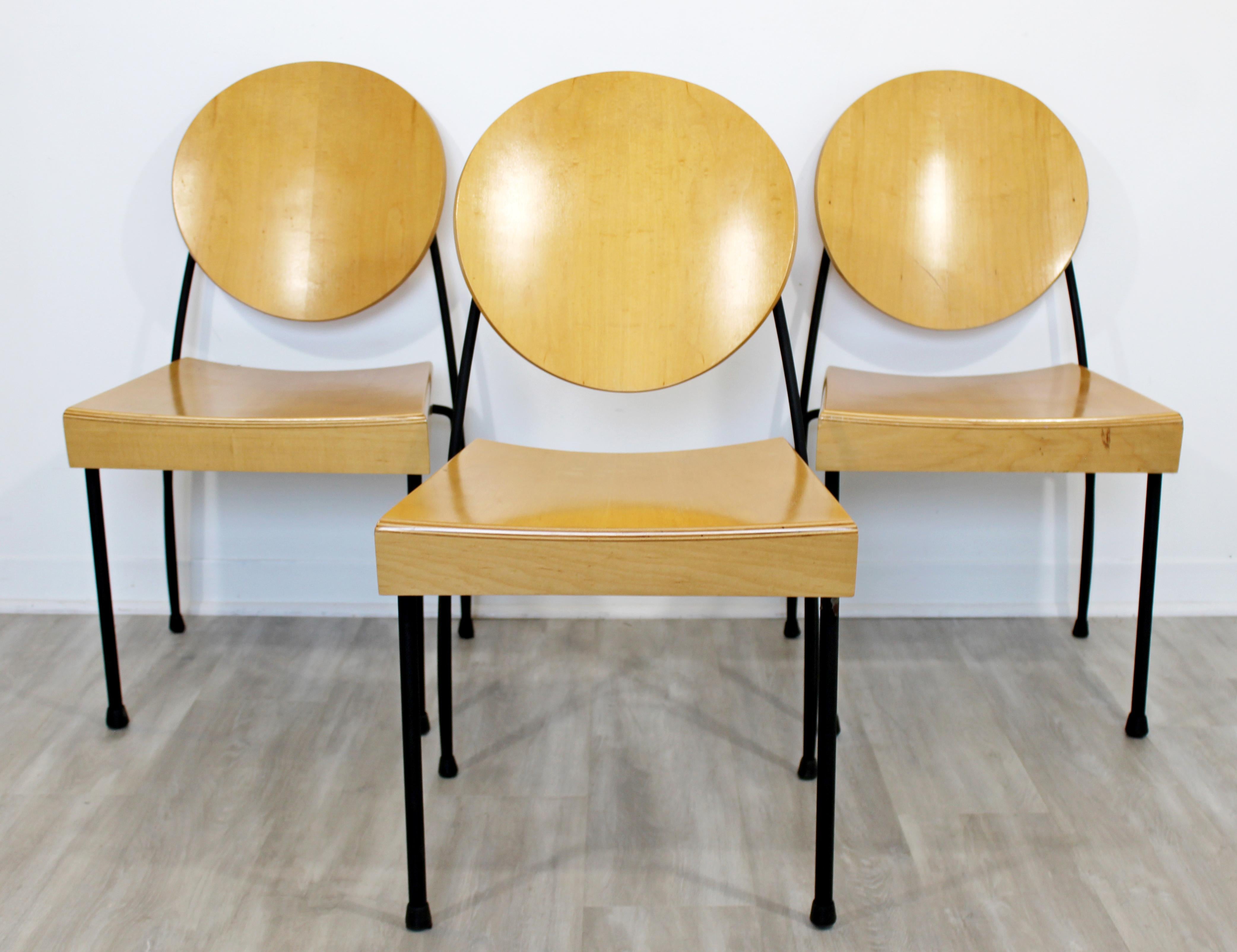 For your consideration is a beautiful set of three wood and metal Memphis chairs by designer Dakota Jackson. In excellent condition. The dimensions are 18.5