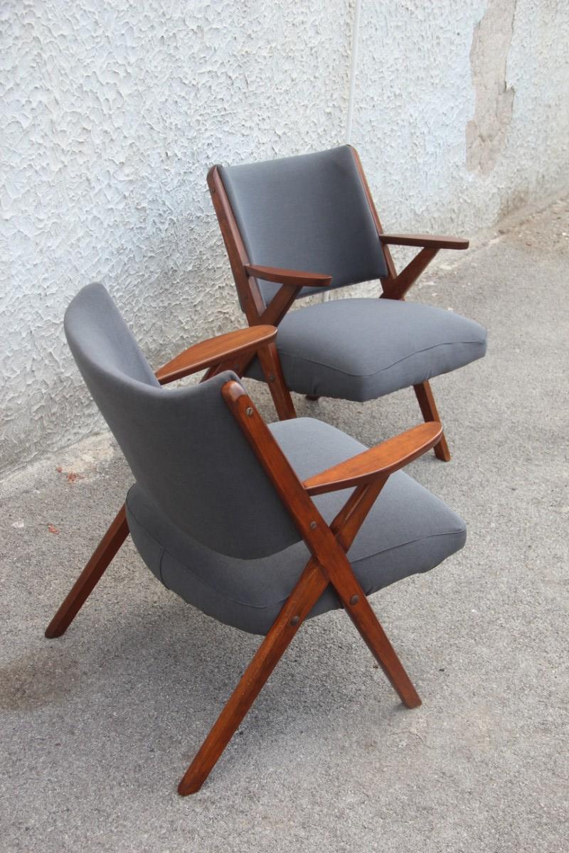 Mid-Century Modern Dal Vera Wood Armchairs, 1950, Italian Design Gray Fabric 4