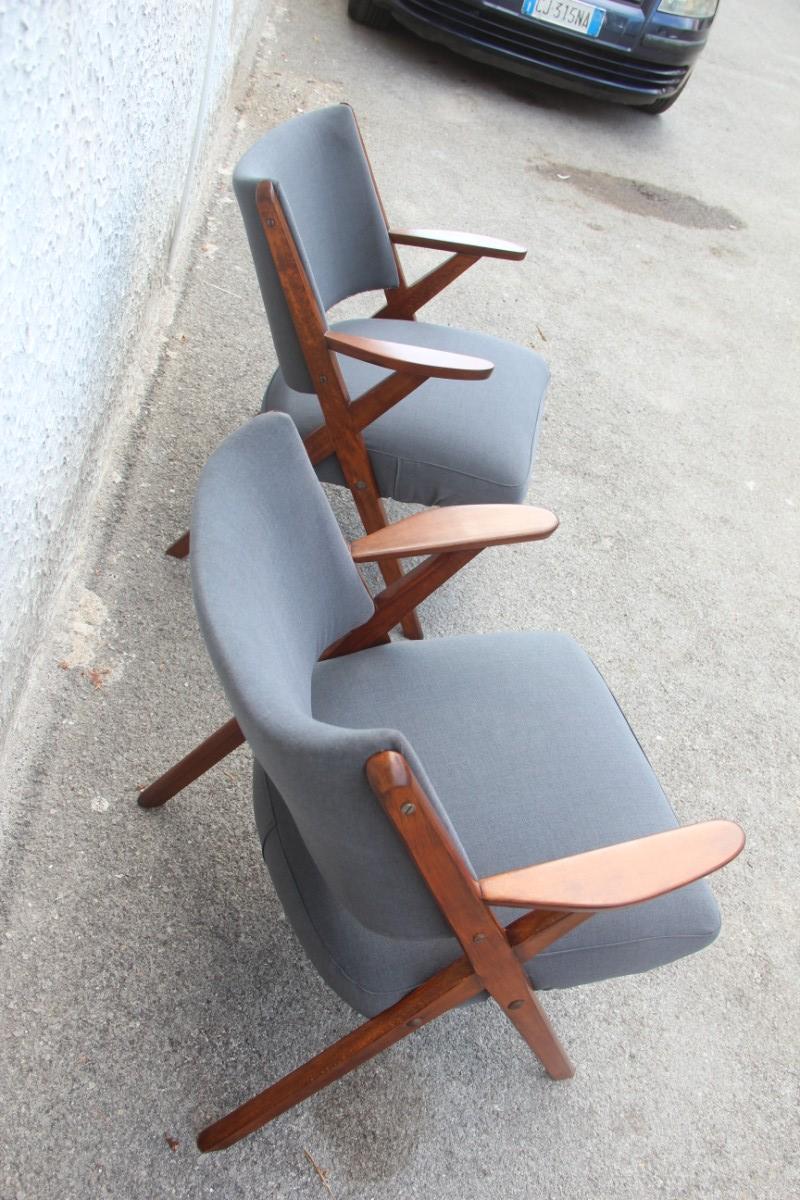 Mid-Century Modern Dal Vera Wood Armchairs, 1950, Italian Design Gray Fabric 3