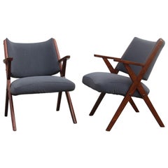 Mid-Century Modern Dal Vera Wood Armchairs, 1950, Italian Design Gray Fabric