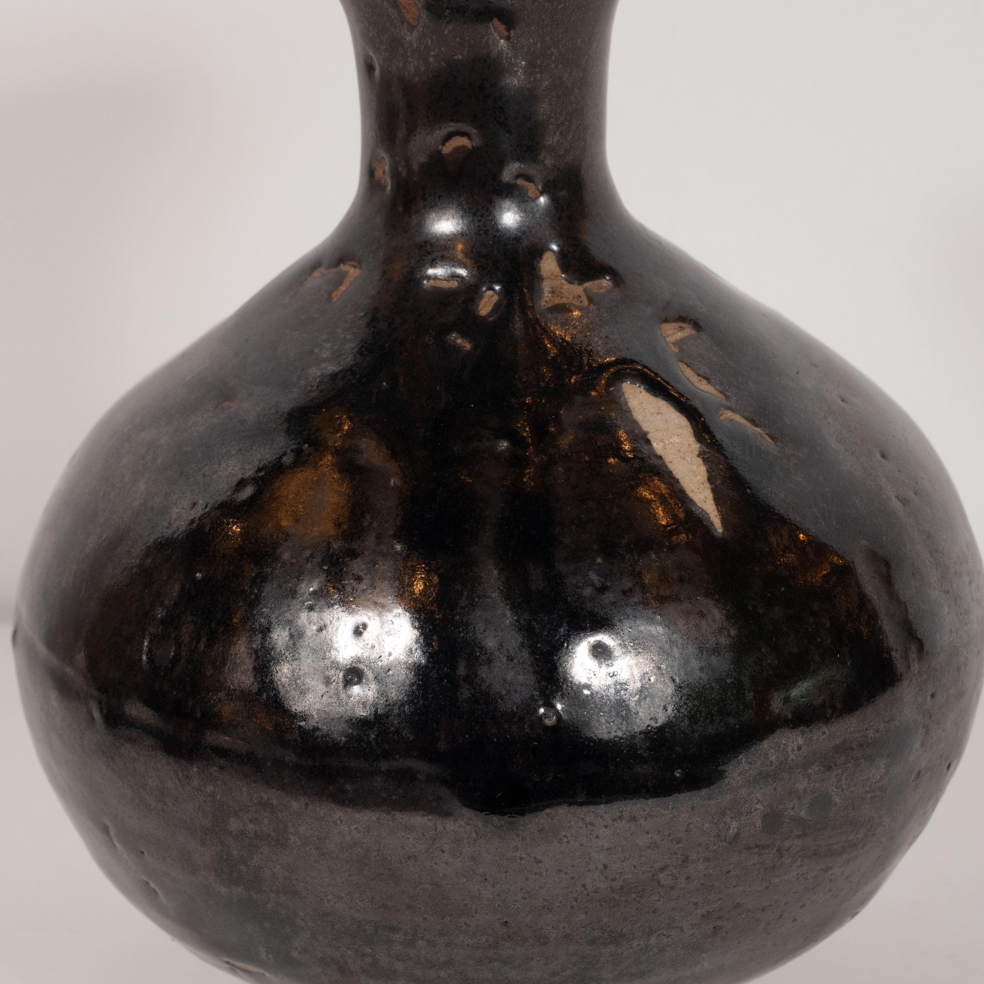 Mid-Century Modern Danish Black Glazed & Natural Ceramic Hourglass Form Vase In Excellent Condition In New York, NY