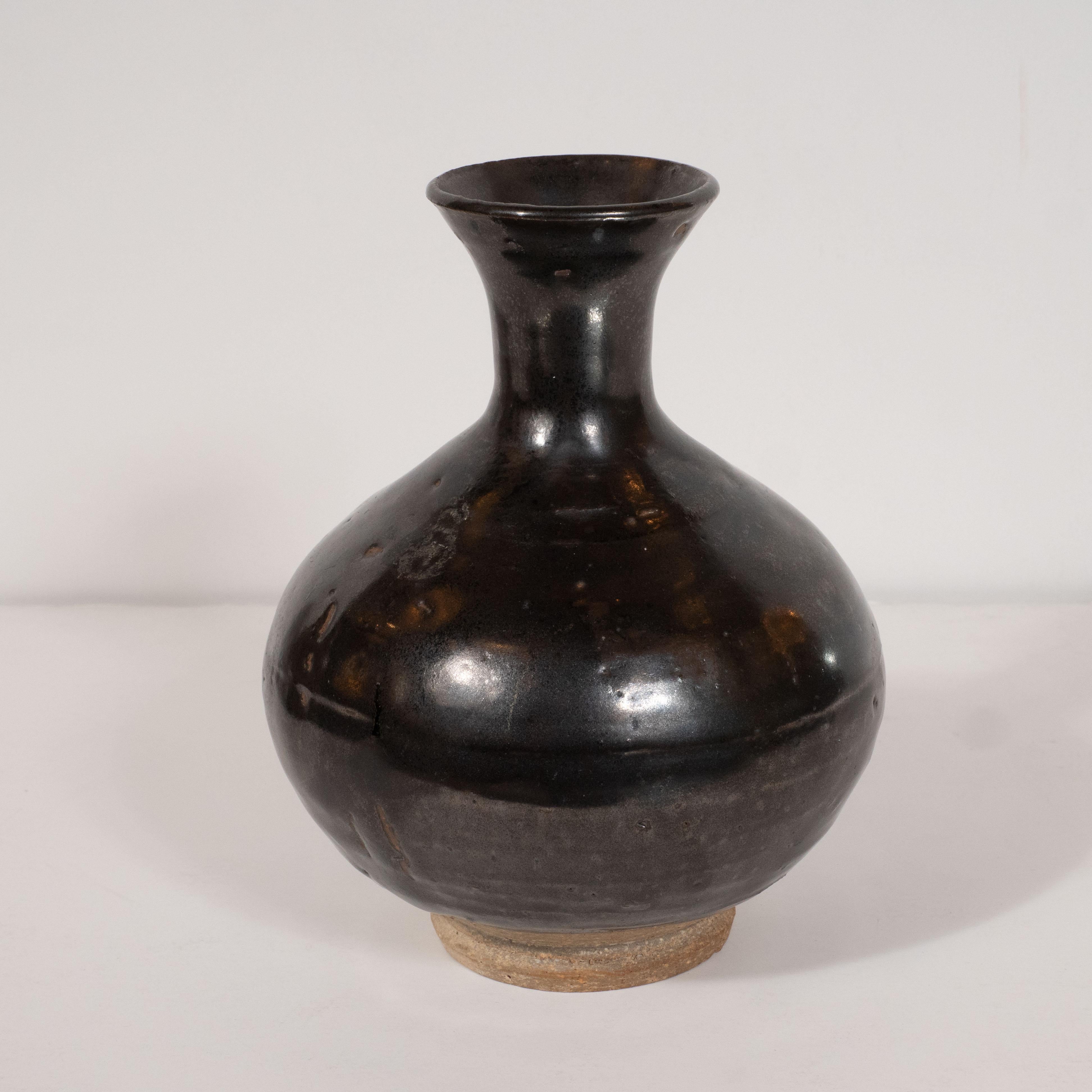 Mid-Century Modern Danish Black Glazed & Natural Ceramic Hourglass Form Vase 1