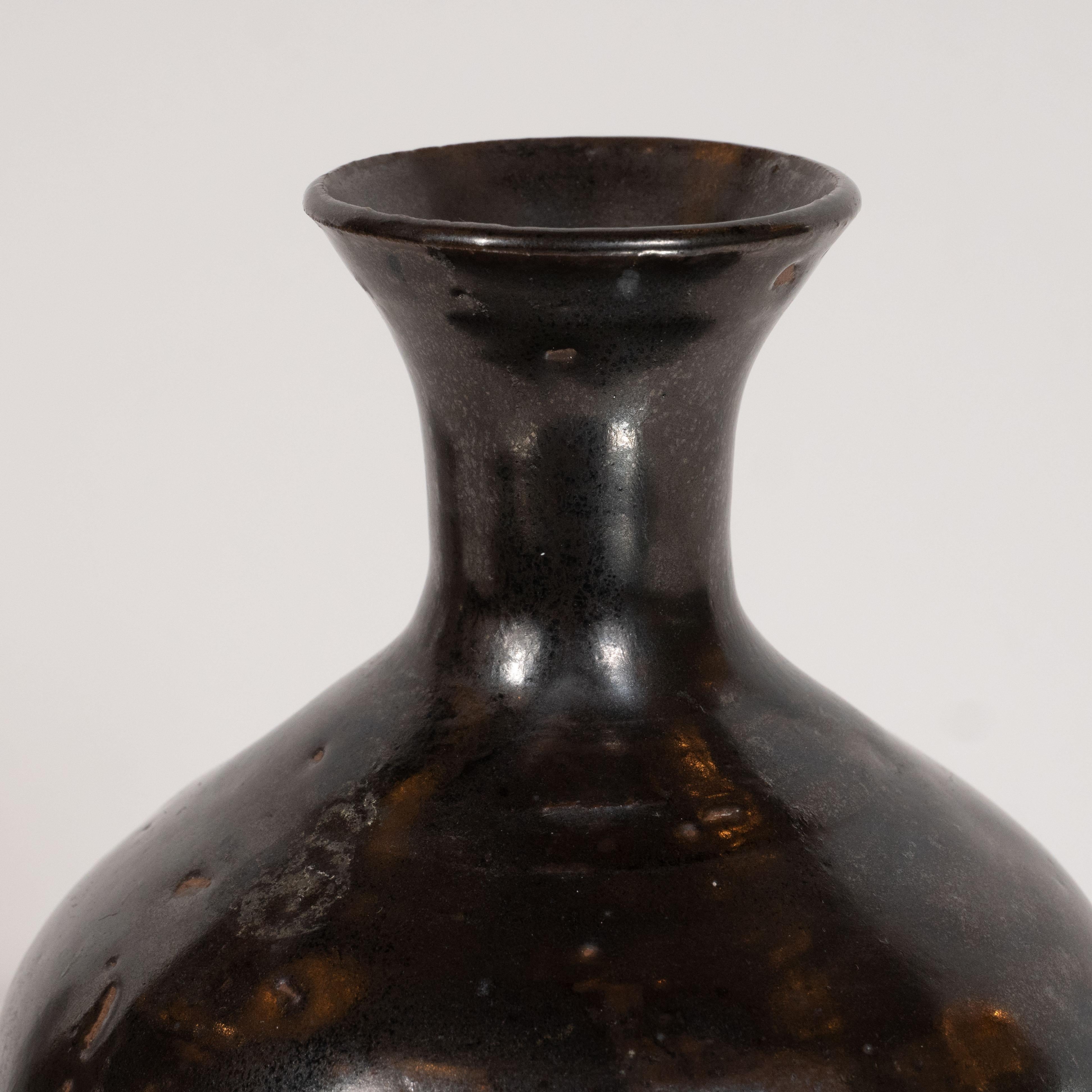 Mid-Century Modern Danish Black Glazed & Natural Ceramic Hourglass Form Vase 2
