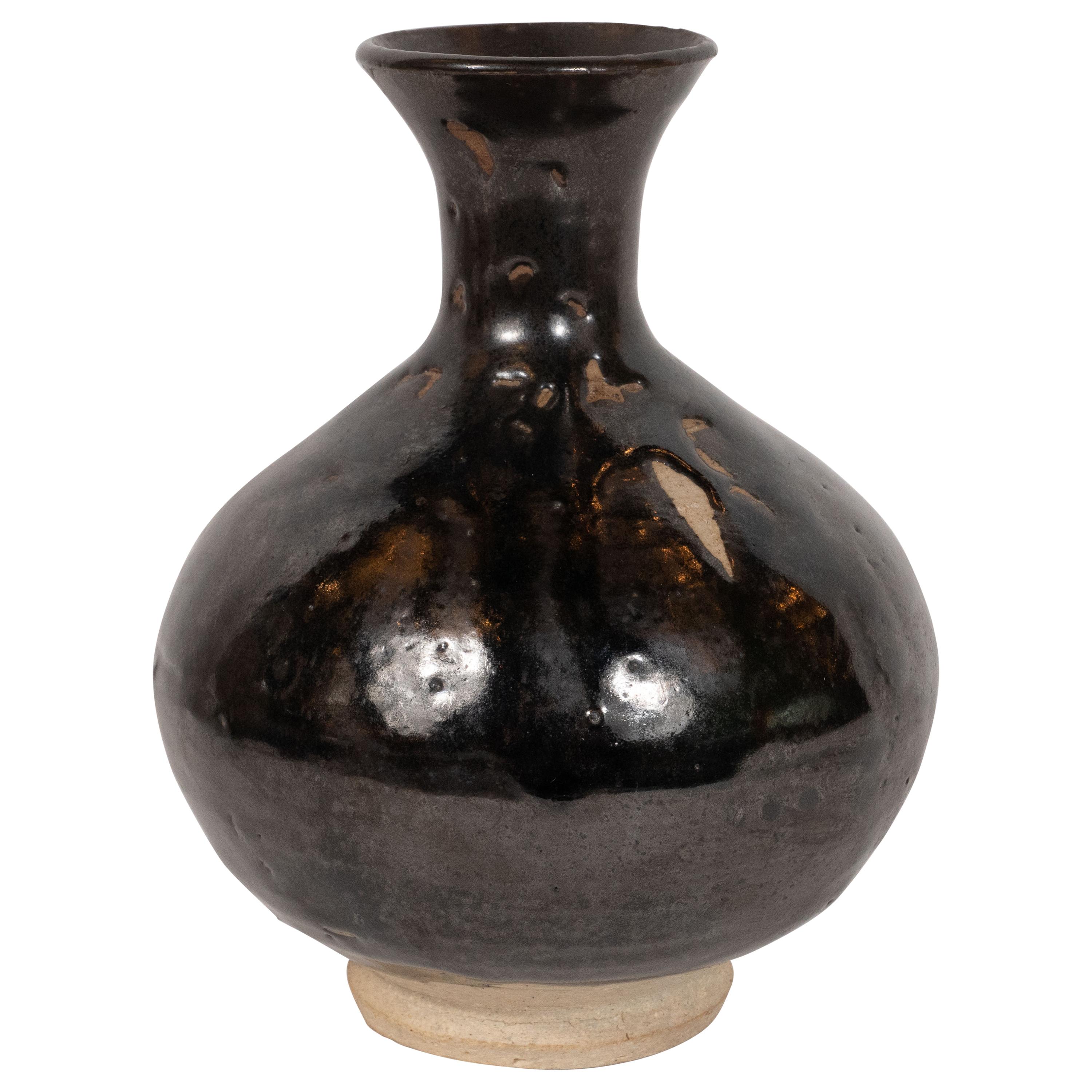 Mid-Century Modern Danish Black Glazed & Natural Ceramic Hourglass Form Vase