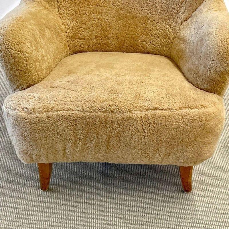 Finnish Designer, Sheepskin Lounge Chair, Lacquered Wood, Shearling, 1940s 5