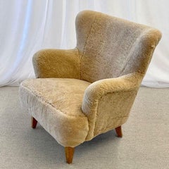 Finnish Designer, Sheepskin Lounge Chair, Lacquered Wood, Shearling, 1940s