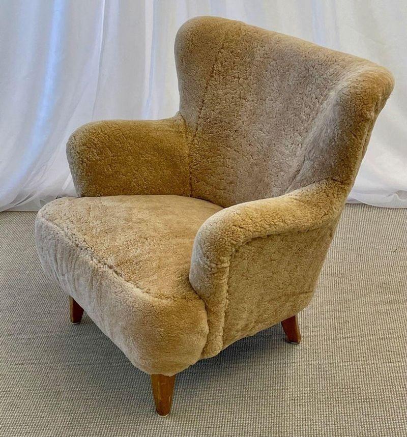 Mid-Century Modern Finnish Designer, Sheepskin Lounge Chair, Lacquered Wood, Shearling, 1940s