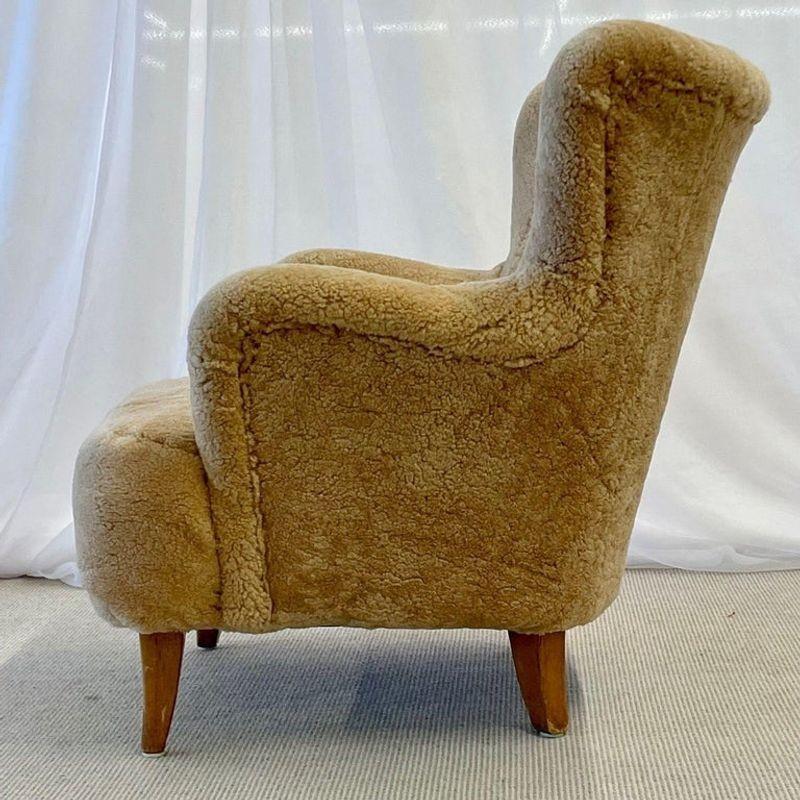Mid-20th Century Finnish Designer, Sheepskin Lounge Chair, Lacquered Wood, Shearling, 1940s