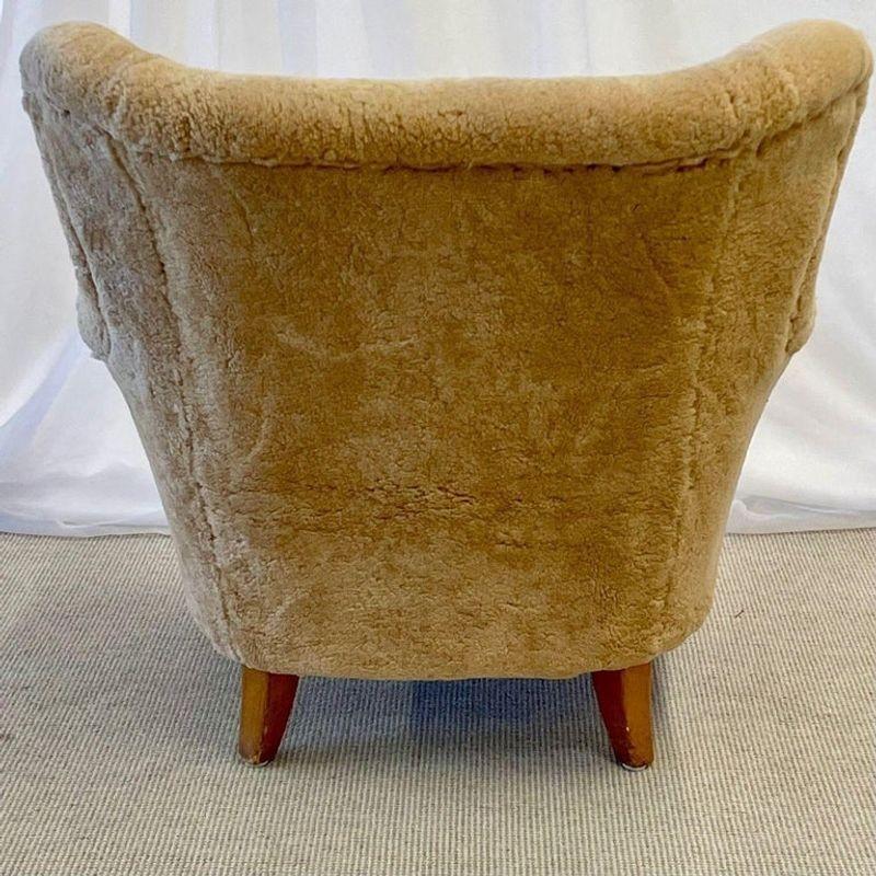 Finnish Designer, Sheepskin Lounge Chair, Lacquered Wood, Shearling, 1940s 1