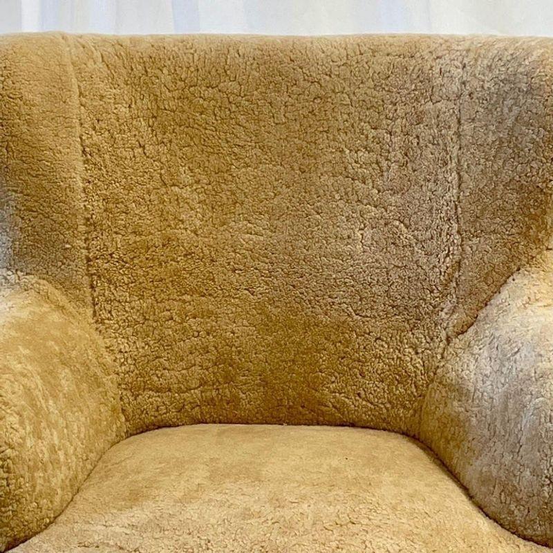 Finnish Designer, Sheepskin Lounge Chair, Lacquered Wood, Shearling, 1940s 3