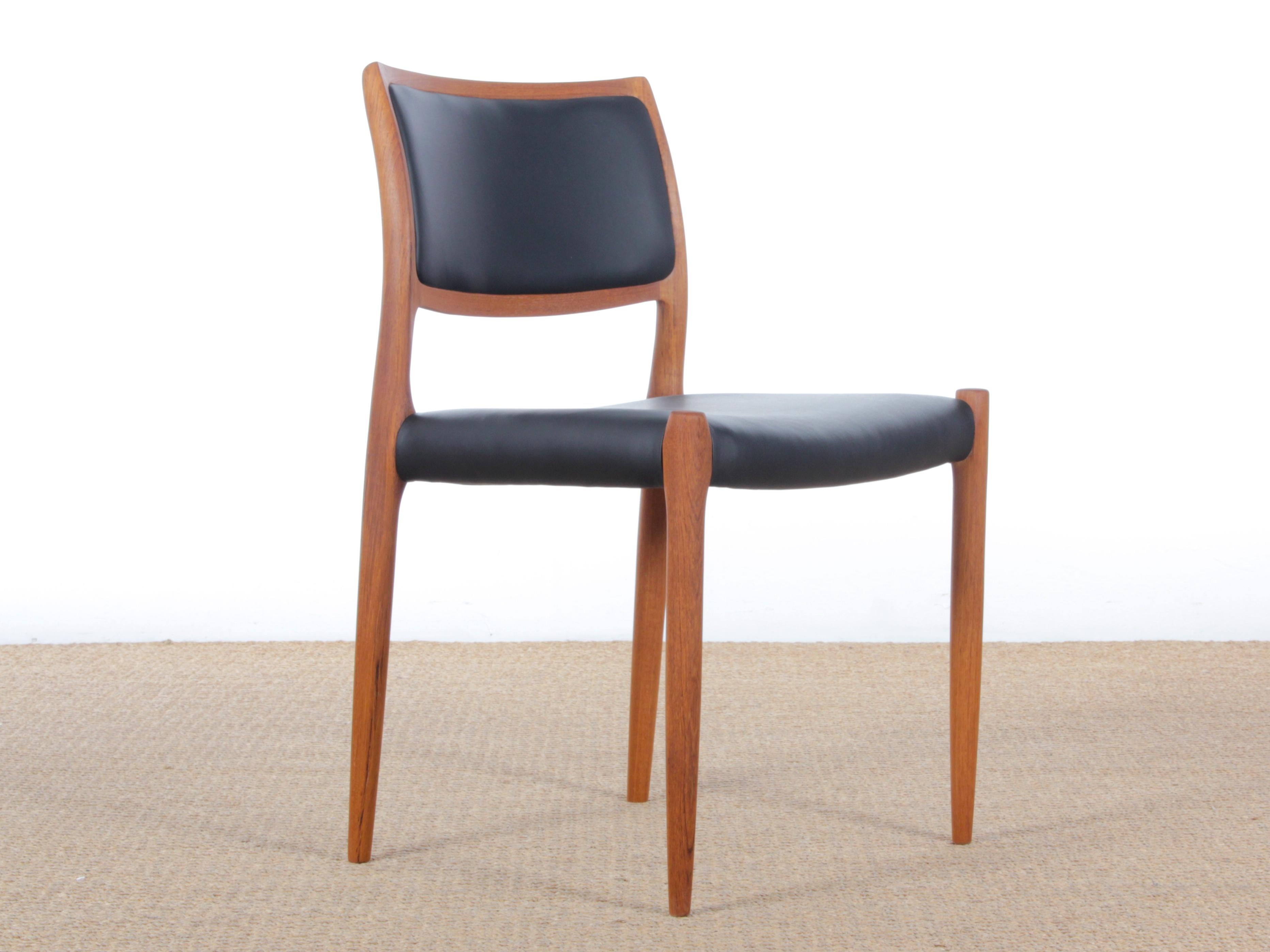 Scandinavian chair Model No 80 by Niels Otto Møller Designed in 1968, this model is still made in the JL Møllers workshops in northern Denmark.
Structure finishes: teak, oak or walnut.
Seat finishes: Leather only (samples on request)
The model is