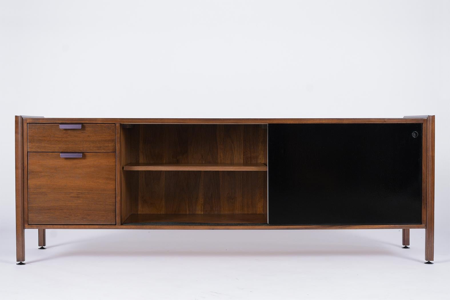 Hand-Carved Mid Century Modern Walnut Lacquered Credenza