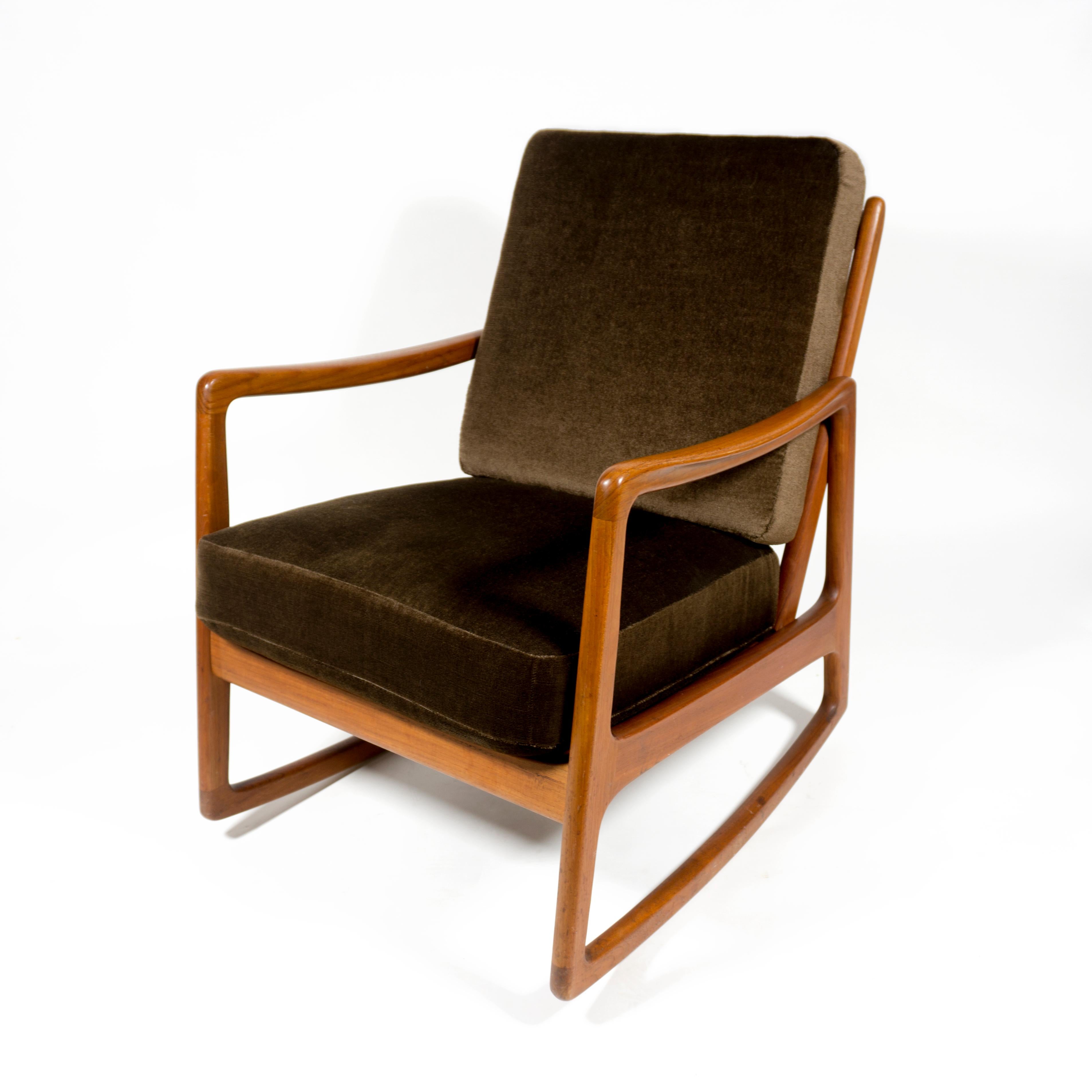 Fabric Mid-Century Modern Danish Design 1950s Ole Wanscher Teak Rocking Chair Model 110