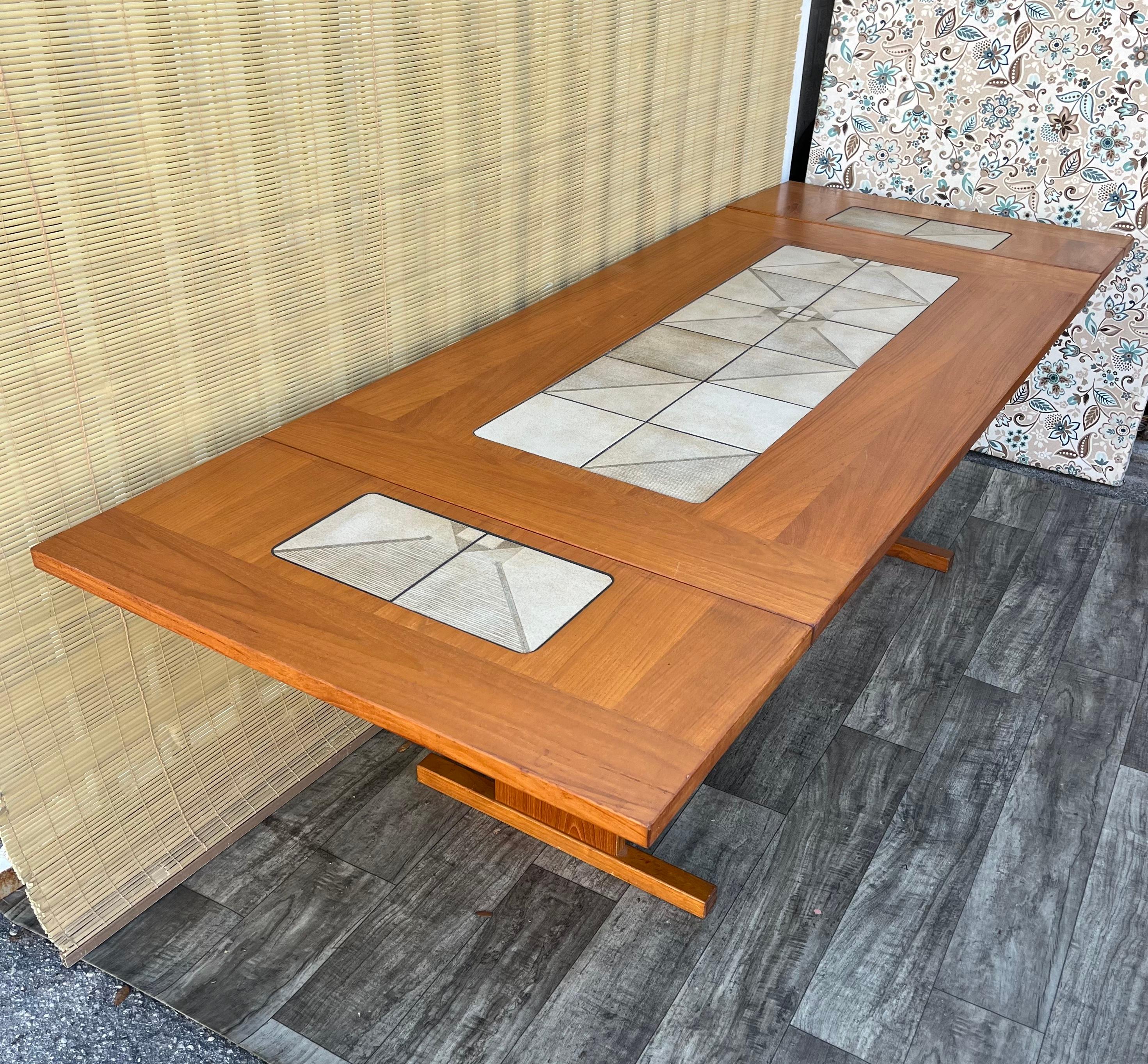 Late 20th Century Mid Century Modern Danish Expandable Dining Table W/ Tile Inlay by Gangso Mobler For Sale
