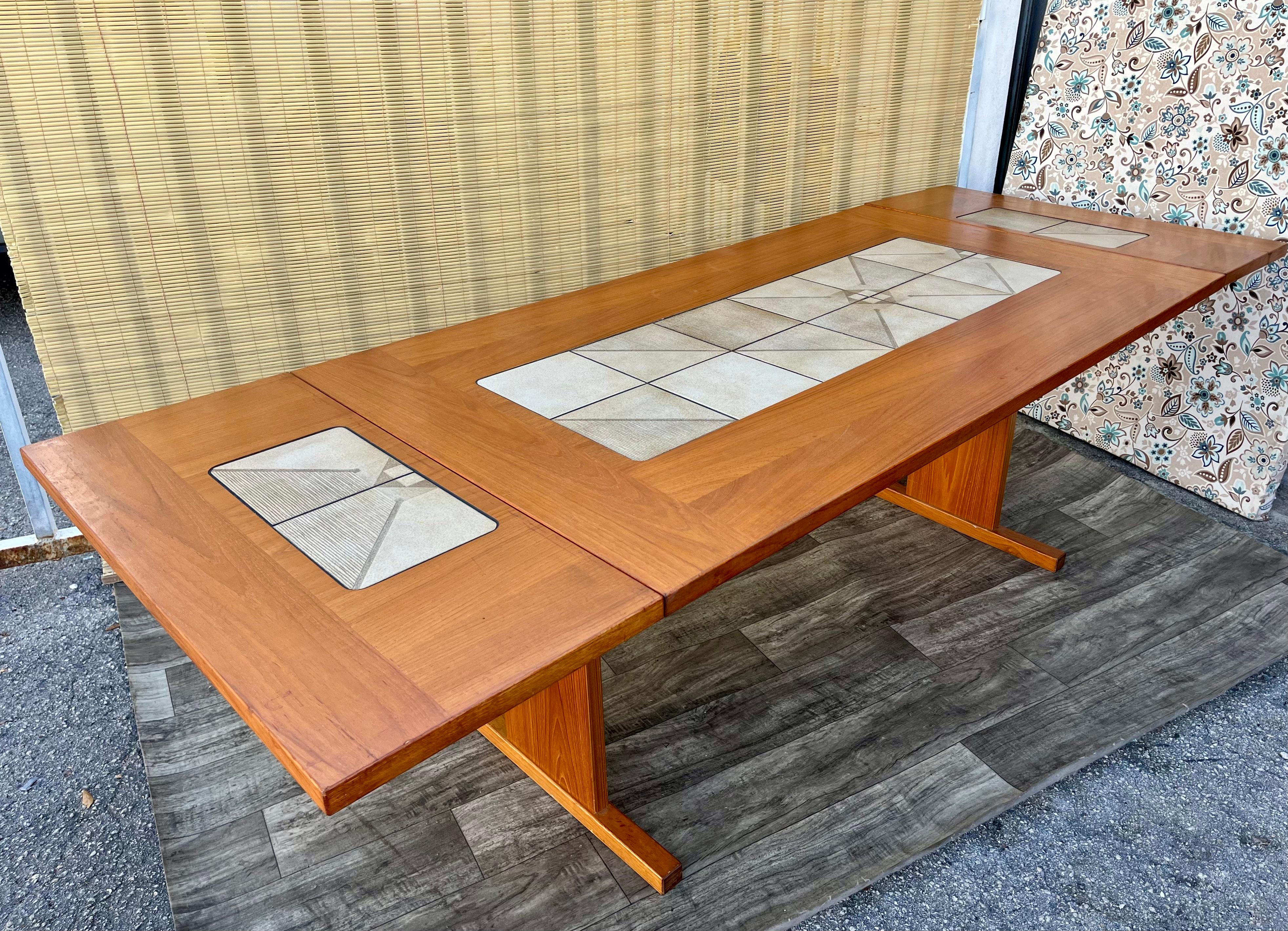 Ceramic Mid Century Modern Danish Expandable Dining Table W/ Tile Inlay by Gangso Mobler For Sale