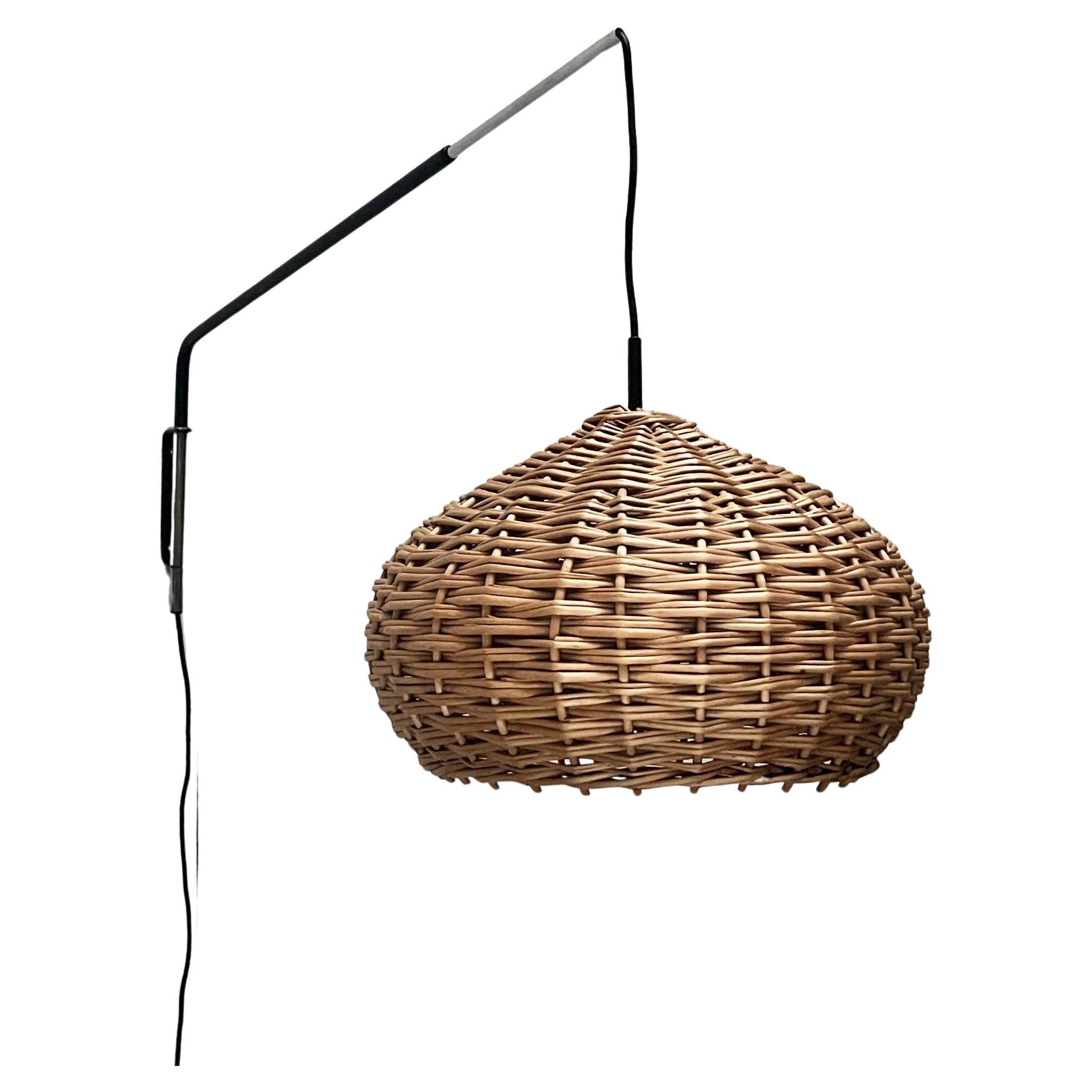 Mid-Century Modern Danish Extendable Cantilever Wall Lamp with Wicker Shade, 60s For Sale