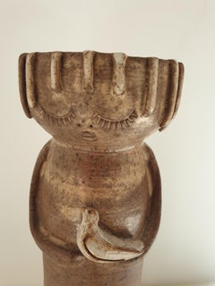 Moderno de mediados de siglo, jarrón danés de cerámica esmaltada, Niña y paloma, Assentorp