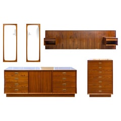 Mid Century Modern Danish Highboy, Credenza, Headboard, and Pair of Mirrors