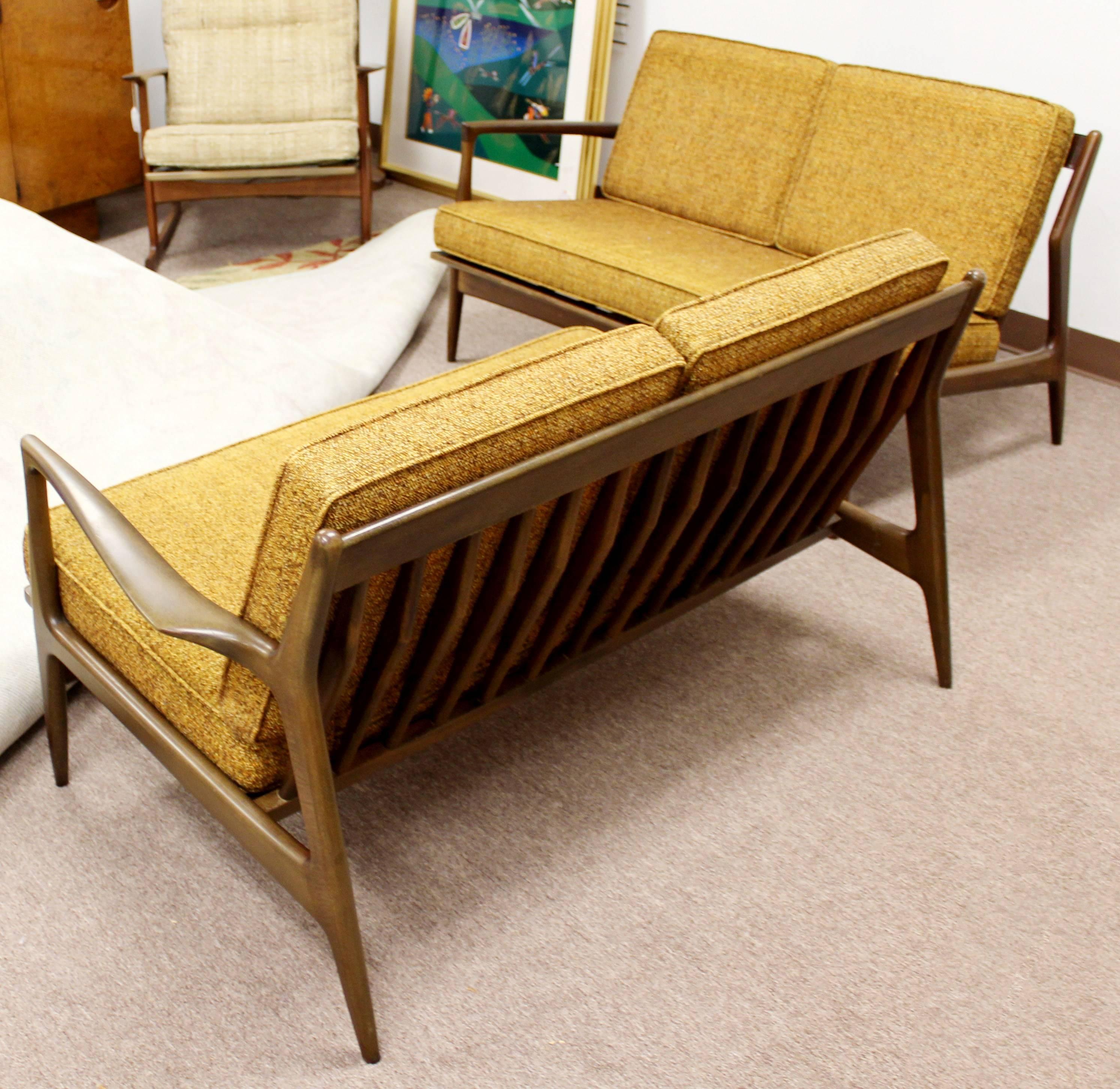 Mid-Century Modern Danish Ib Kofod Larsen Selig Pair of Walnut Sofa Sectional In Good Condition In Keego Harbor, MI