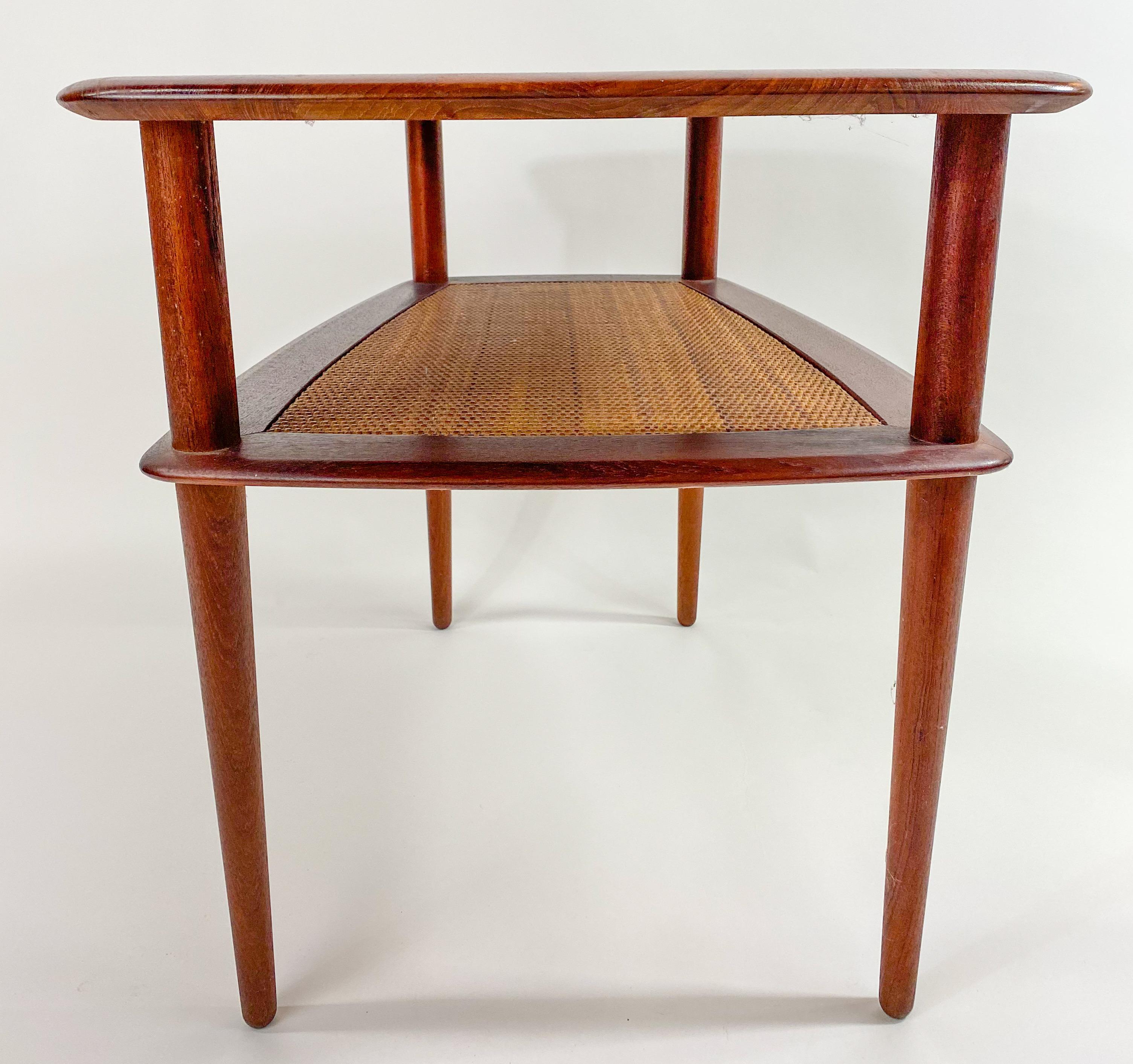 Cane Mid-Century Modern Danish John Stuart Two Tier Wooden Side or End Table, a Pair