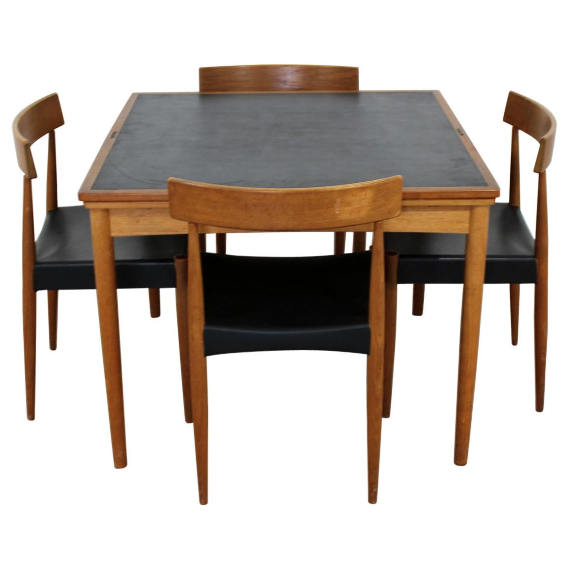 Mid-Century Modern Danish Leather Top Expandable Dinette Dining Table 4 Chairs