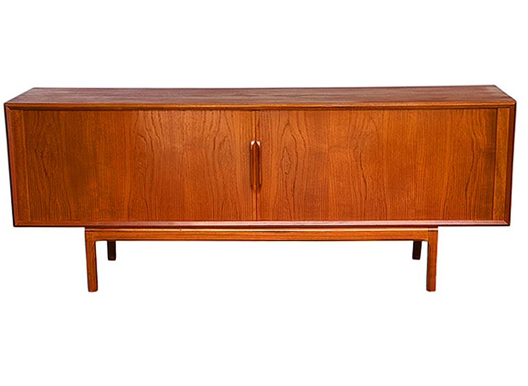 Scandinavian Modern Mid-Century Modern Danish Long Teak Credenza Tambour Cabinet by Kai Kristensen For Sale