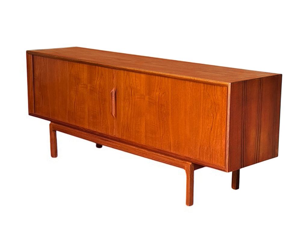 Norwegian Mid-Century Modern Danish Long Teak Credenza Tambour Cabinet by Kai Kristensen For Sale