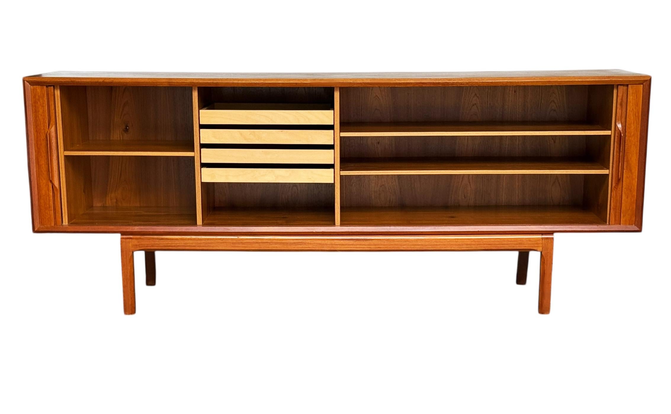 Mid-Century Modern Danish Long Teak Credenza Tambour Cabinet by Kai Kristensen For Sale 3