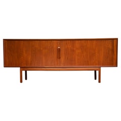Mid-Century Modern Danish Long Teak Credenza Tambour Cabinet by Kai Kristensen
