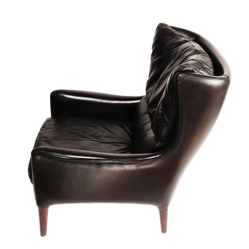 Danish Mid-Century Modern Black Leather Lounge Chair & Stool by Illum Wikkelsø For Sale 3