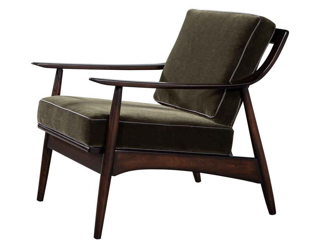 Mid-Century Modern Danish lounge chair in Emerald Mohair. Original 1970's design, completely restored with new finishing and upholstery. Custom finished in a dark walnut satin stain. Featuring emerald mohair fabric with contrasting black leather