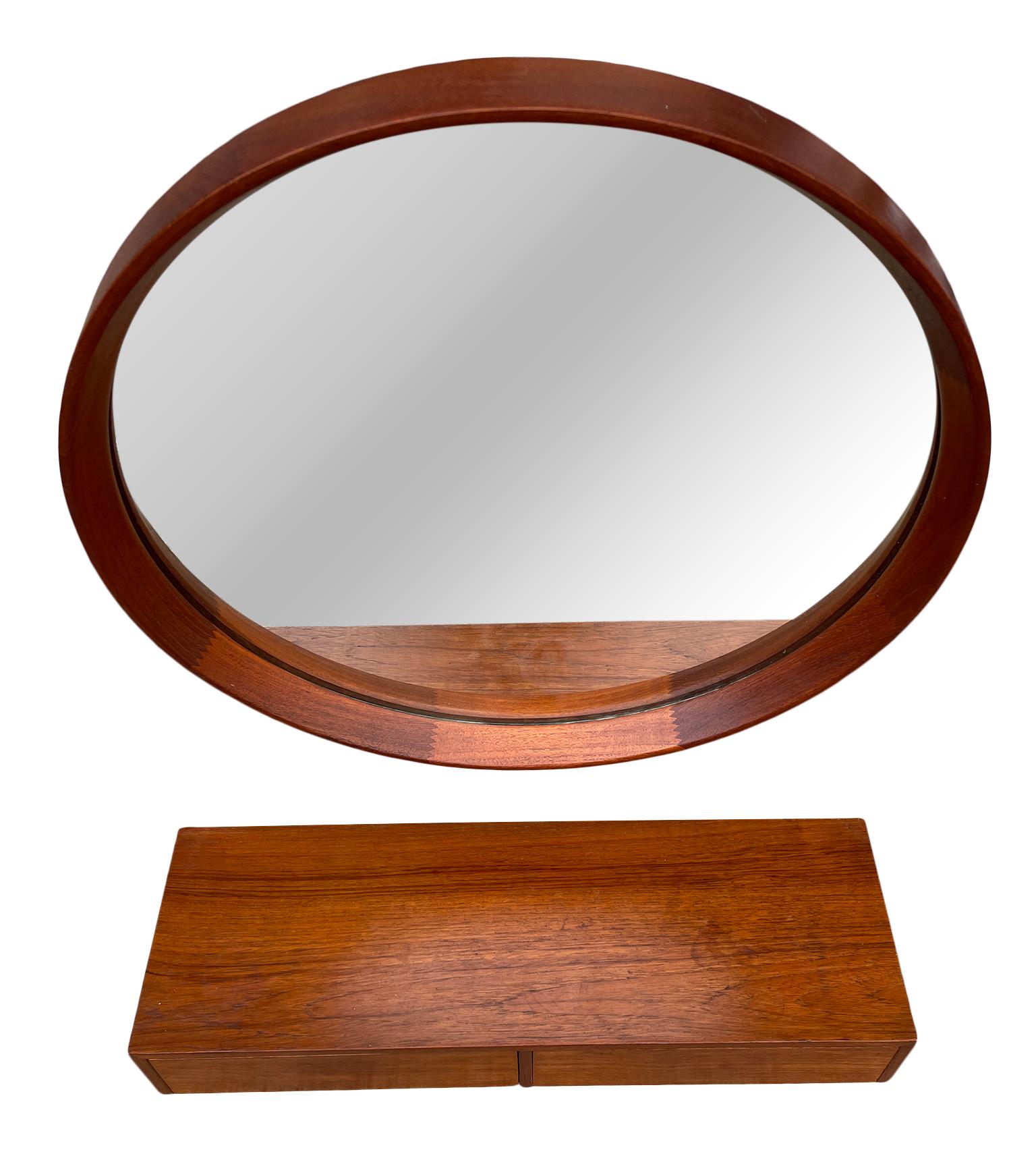 Woodwork Mid-Century Modern Danish Modern Teak Round Mirror with 2 Drawer Vanity