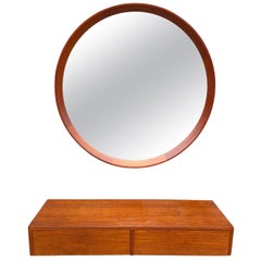 Mid-Century Modern Danish Modern Teak Round Mirror with 2 Drawer Vanity