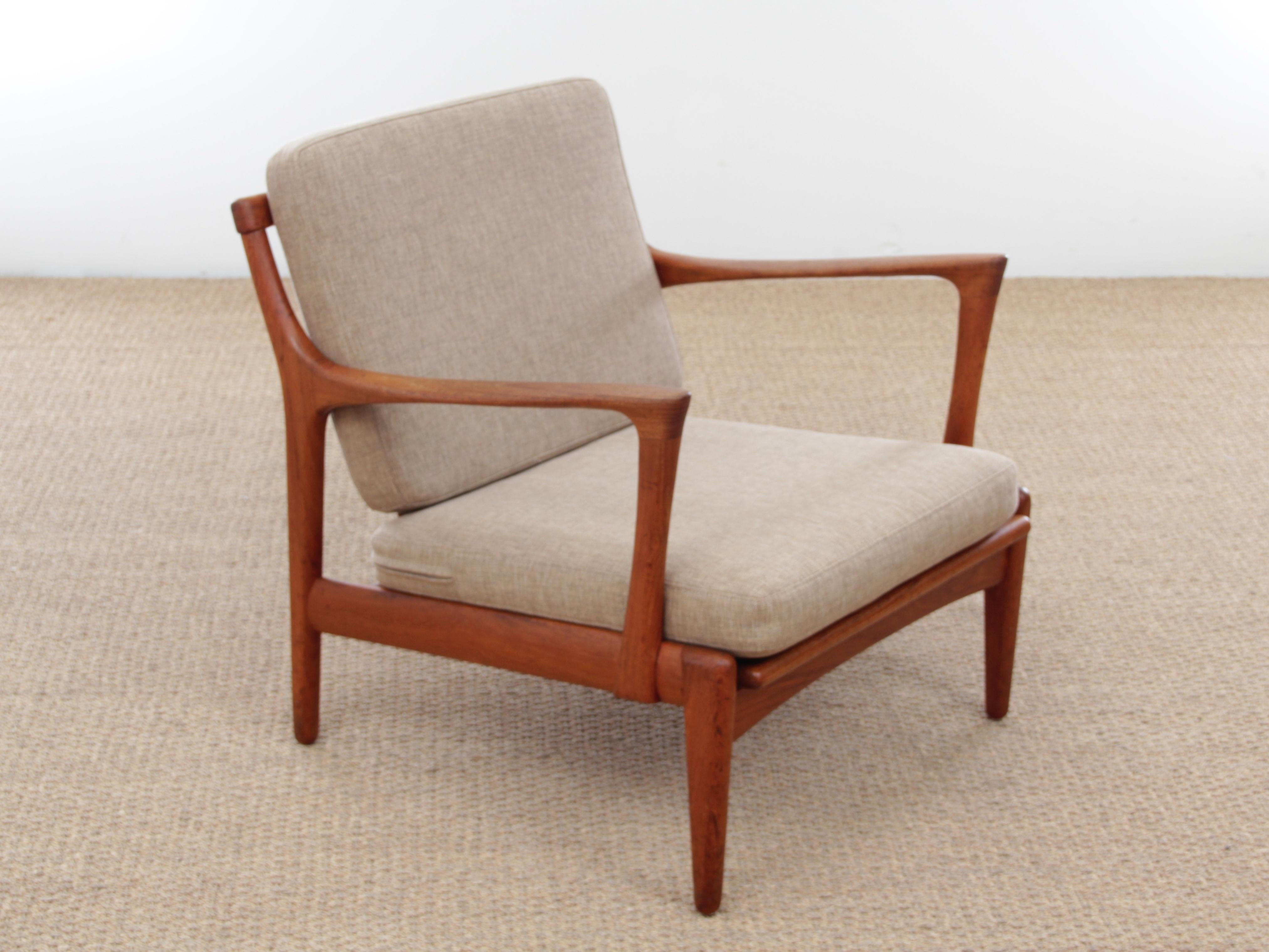 Mid-Century Modern Danish pair of lounge chairs in teak model Kuba by Bertil Fridhagen. Cushion will be reupholtered with fabric of your choice between Step Melange fabric from Gabriel. The price includes the renovation.