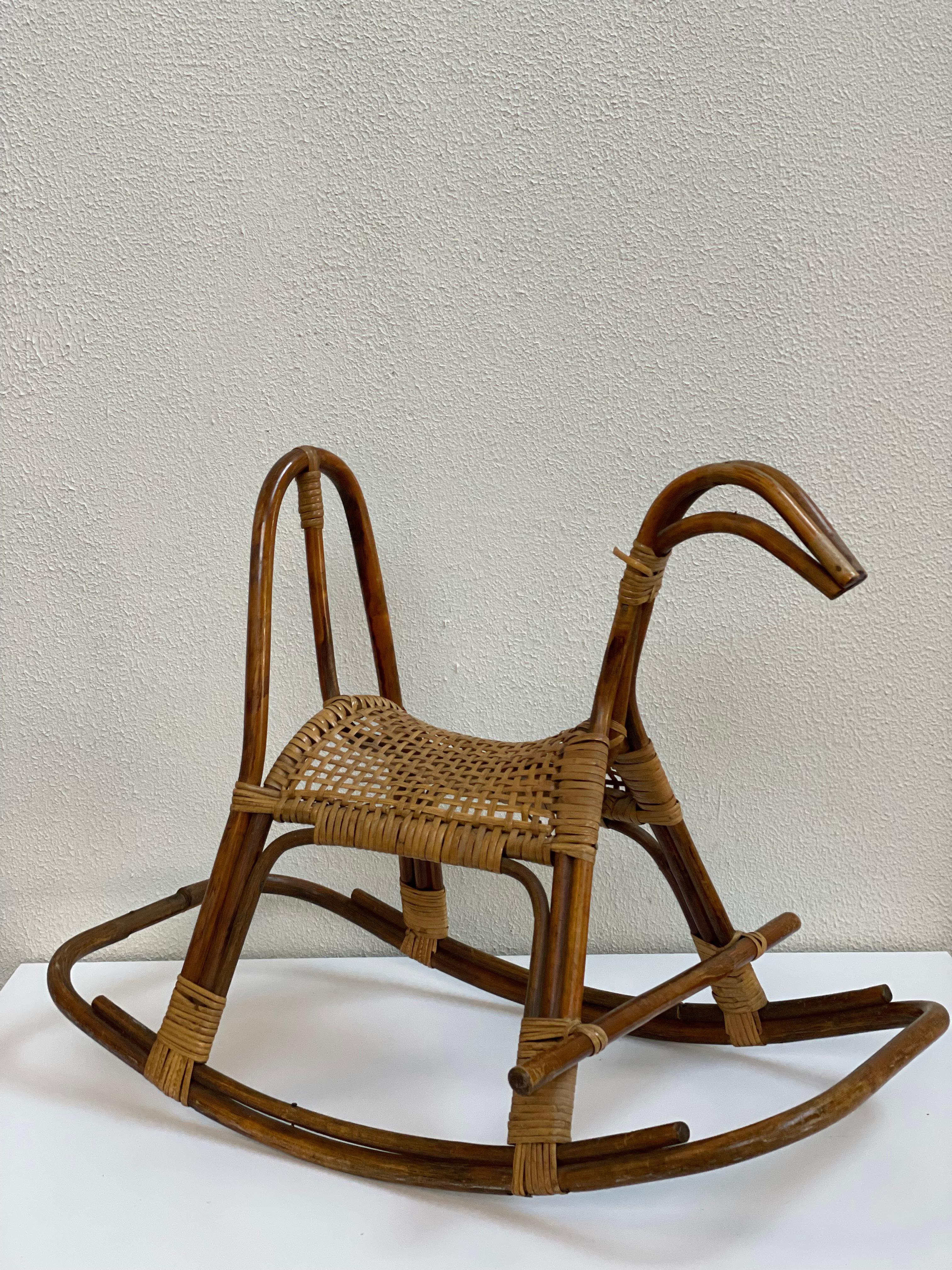 MidCentury Modern Danish Rocking Horse with Wicker Rattan Seat For